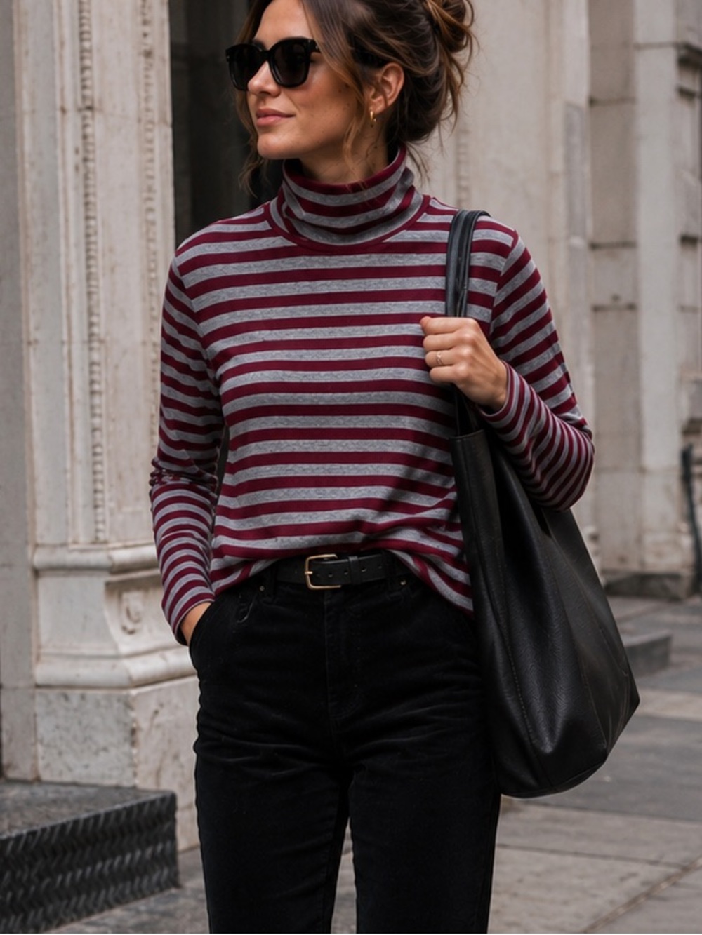 Vintage Liz Claiborne Sport Stripe Turtleneck 100% Cotton Burgundy Gray Large
